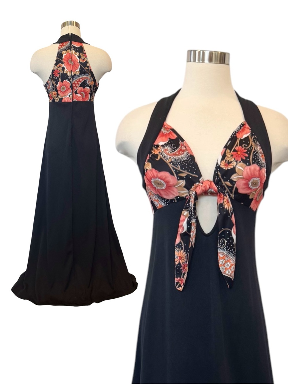 Vintage 70s Groovy JCPenney Keyhole Dark Wildflower Paisley Halter Maxi Gown 11